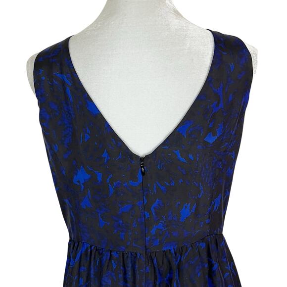 🎁 J. Crew Collection Black and Blue Floral Print Rosette Ruffle Silk Dress 8 - Picture 4 of 6